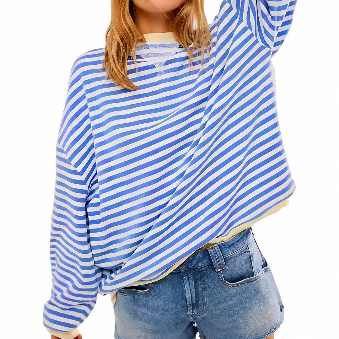 Women's striped crew-neck sweater with long sleeves and contrast trims