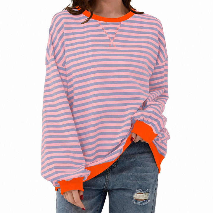 Women's striped crew-neck sweater with long sleeves and contrast trims