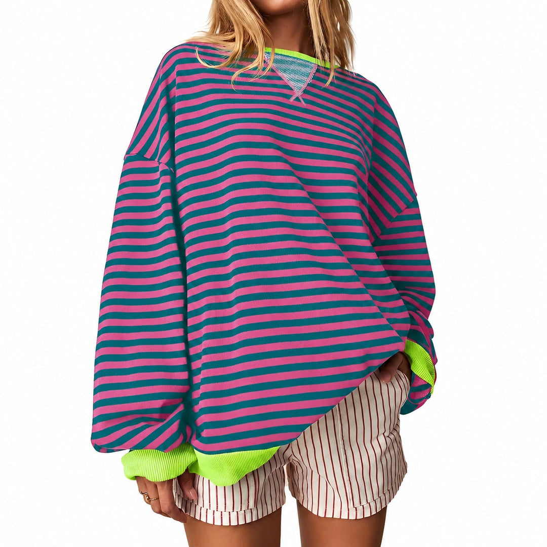 Women's striped crew-neck sweater with long sleeves and contrast trims