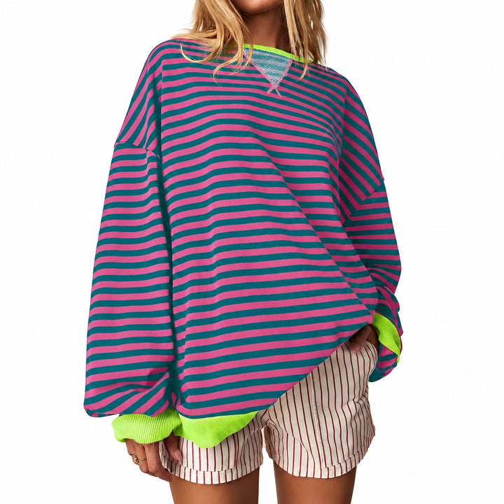 Women's striped crew-neck sweater with long sleeves and contrast trims