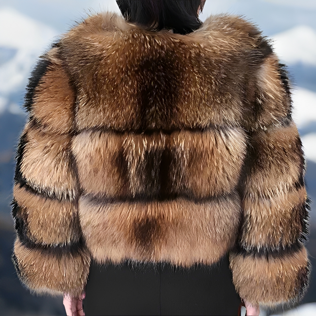 Women's brown cropped jacket with a large textured fur-look hood and long sleeves