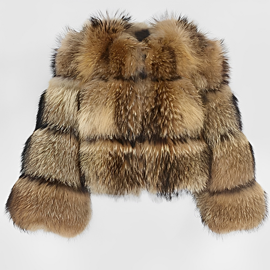 Women's brown cropped jacket with a large textured fur-look hood and long sleeves