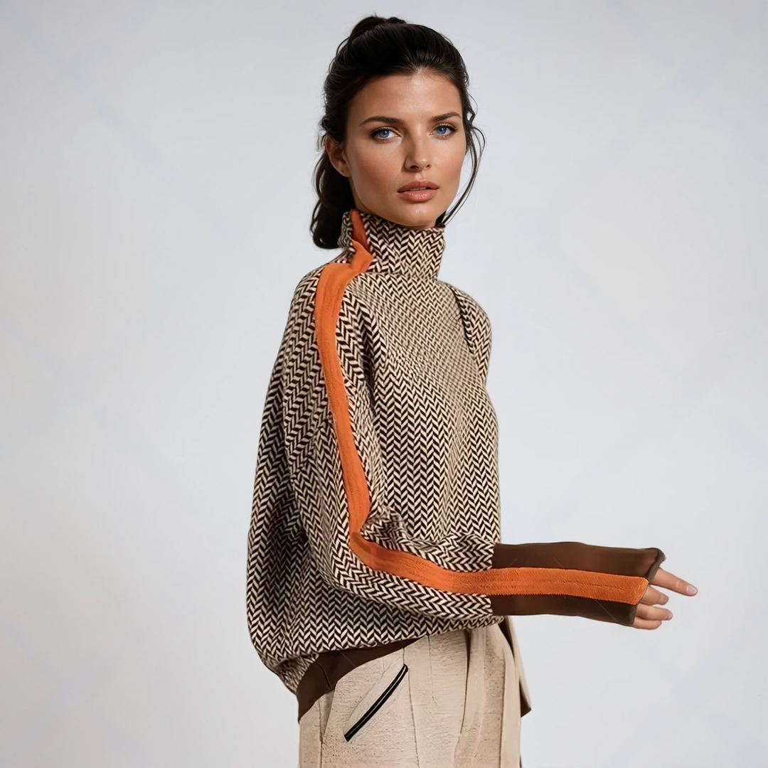 Women's herringbone turtleneck sweater with contrast trim