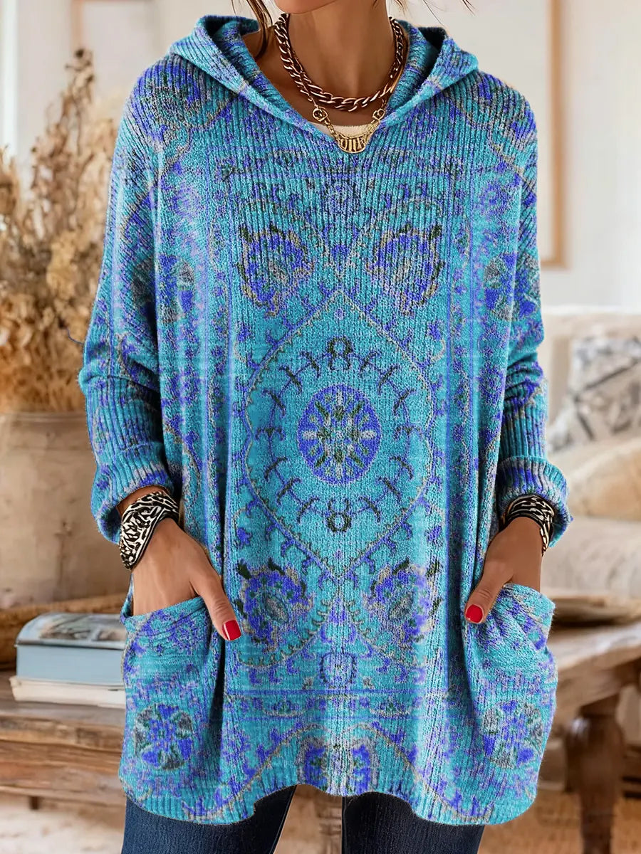 Women's multicolour ethnic print hooded knit tunic