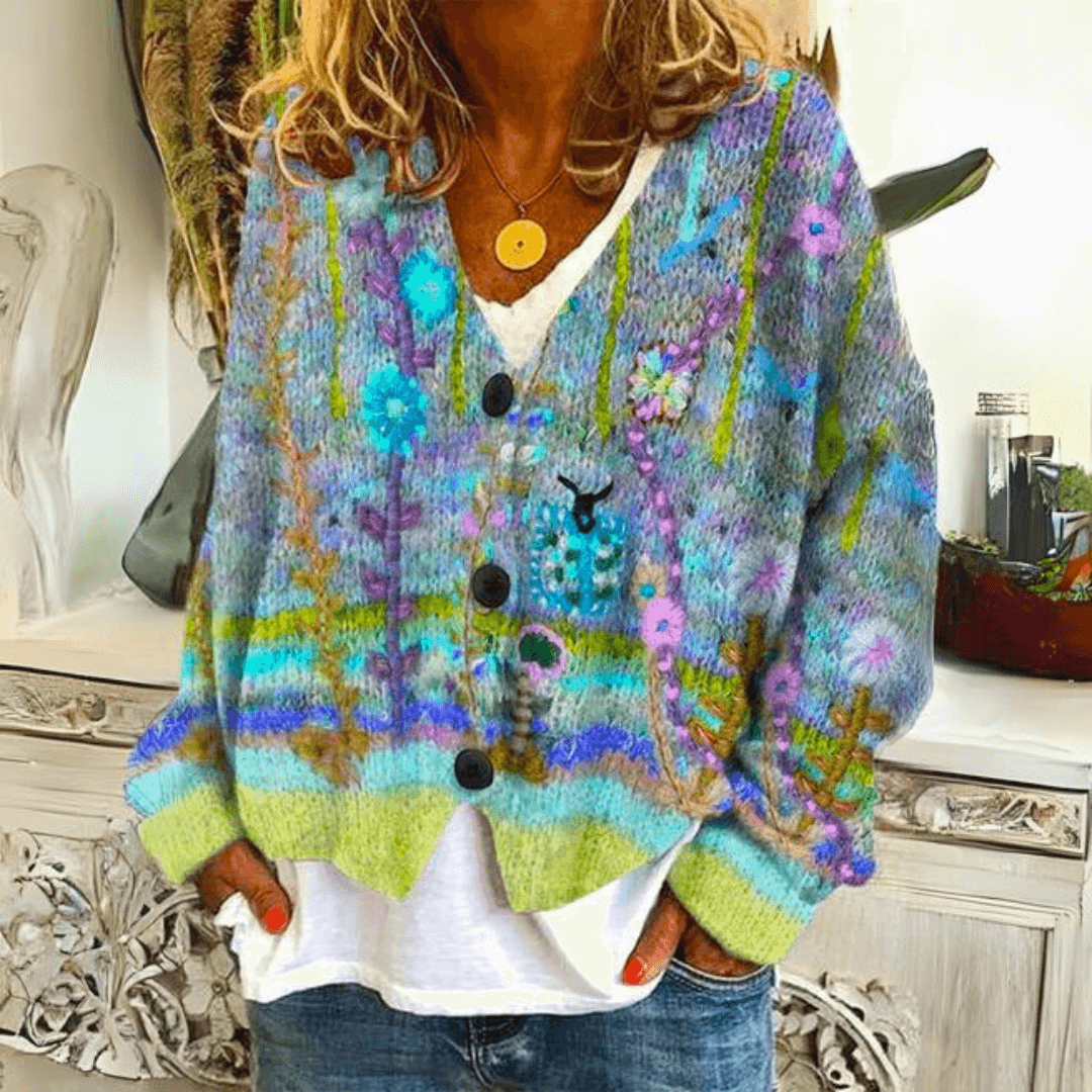 Women's multicoloured floral V-neck button cardigan with long sleeves