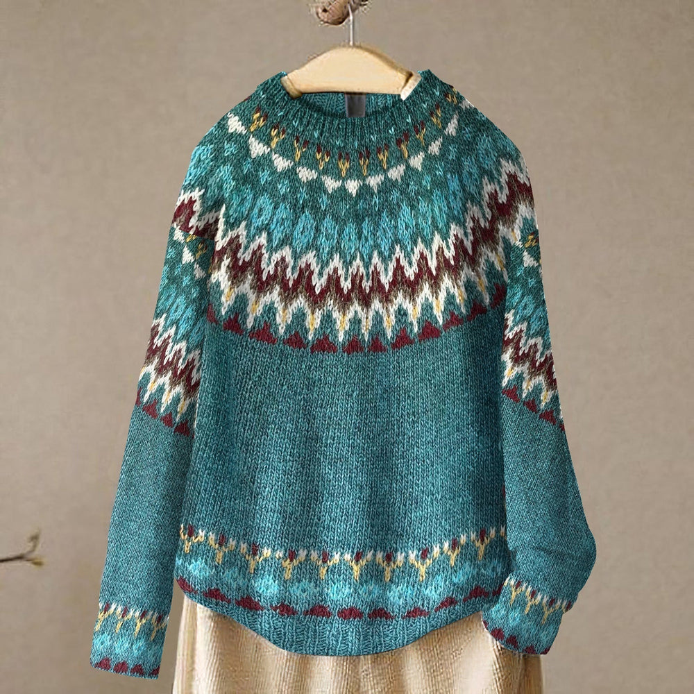 Women's teal Fair Isle geometric jumper with crew neck and long sleeves