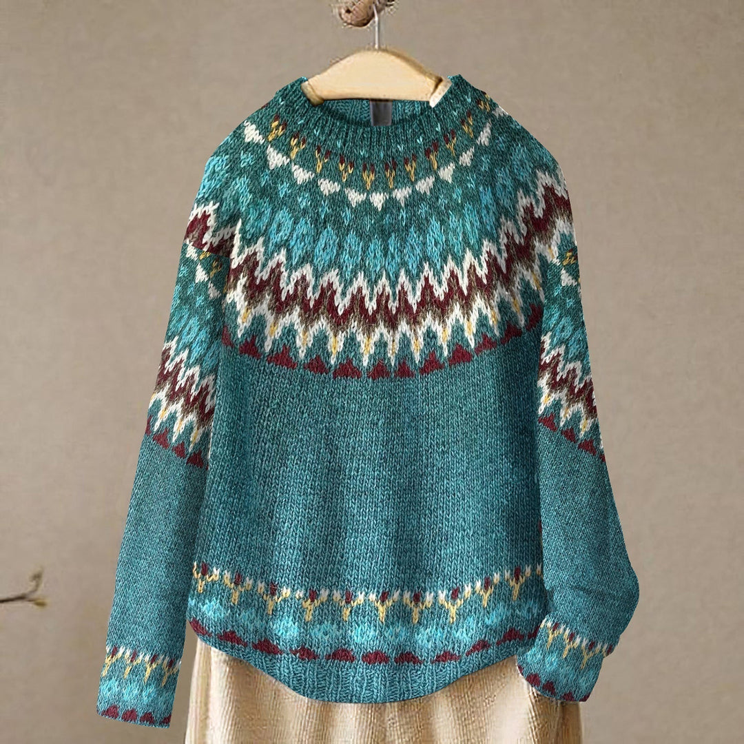 Women's teal Fair Isle geometric jumper with crew neck and long sleeves