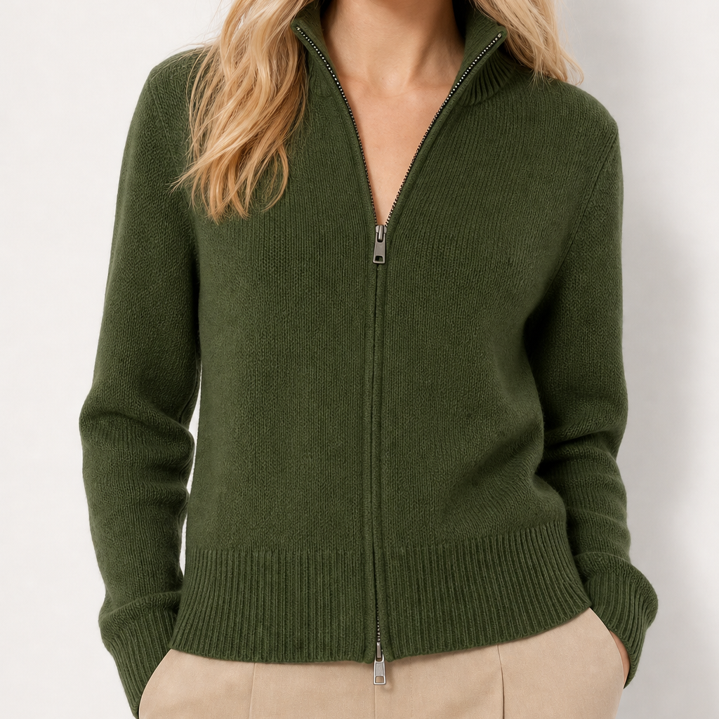 Women's ribbed cardigan with high collar, long sleeves and front zip