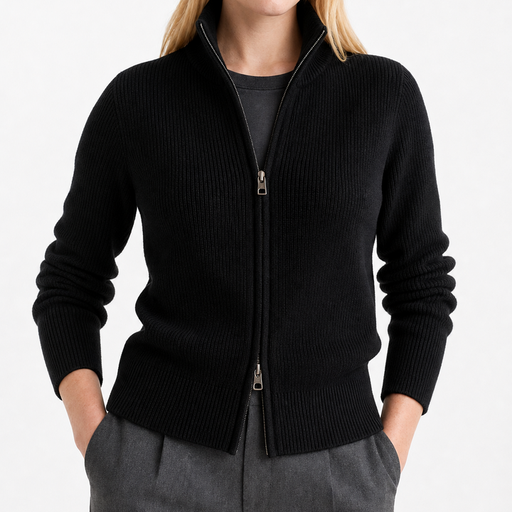 Women's ribbed cardigan with high collar, long sleeves and front zip