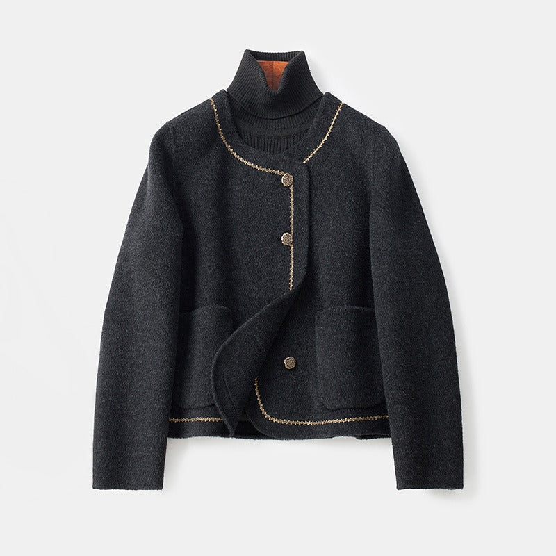 Women's cropped button front coat with contrast trim and patch pockets