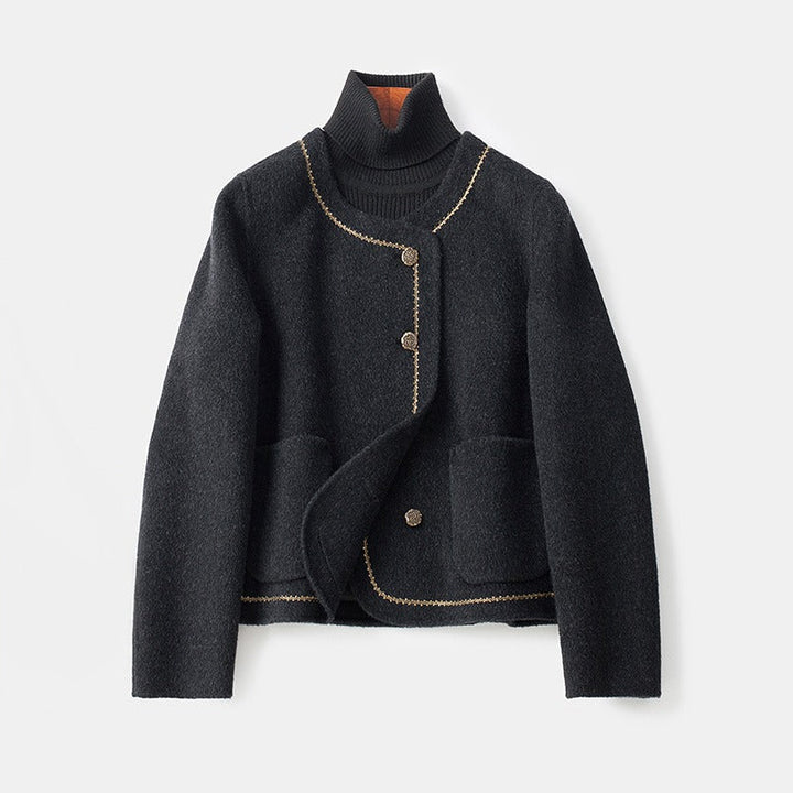 Women's cropped button front coat with contrast trim and patch pockets