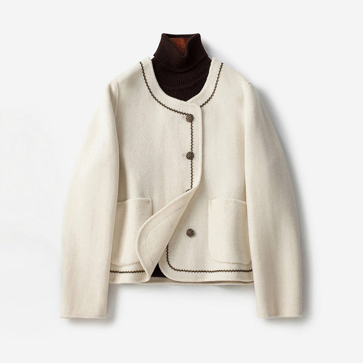 Women's cropped button front coat with contrast trim and patch pockets