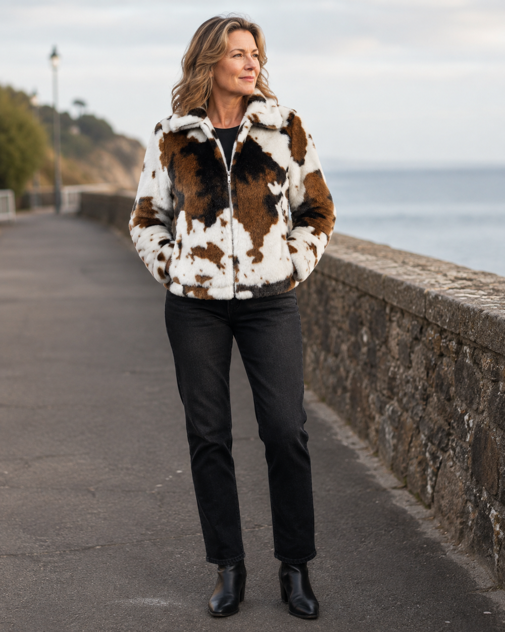 Women's multicolor animal print faux fur jacket with collar and front zipper