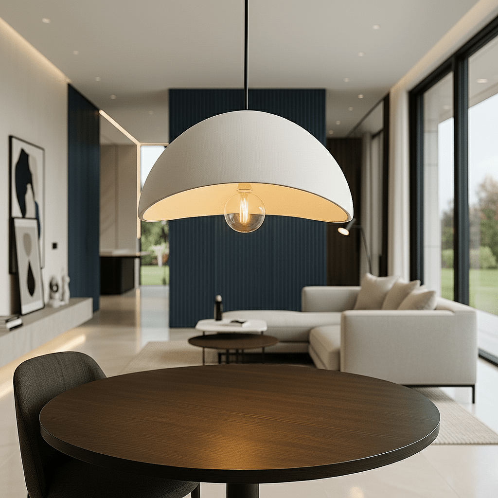 Dome pendant light with warm gold-toned interior and visible bulb