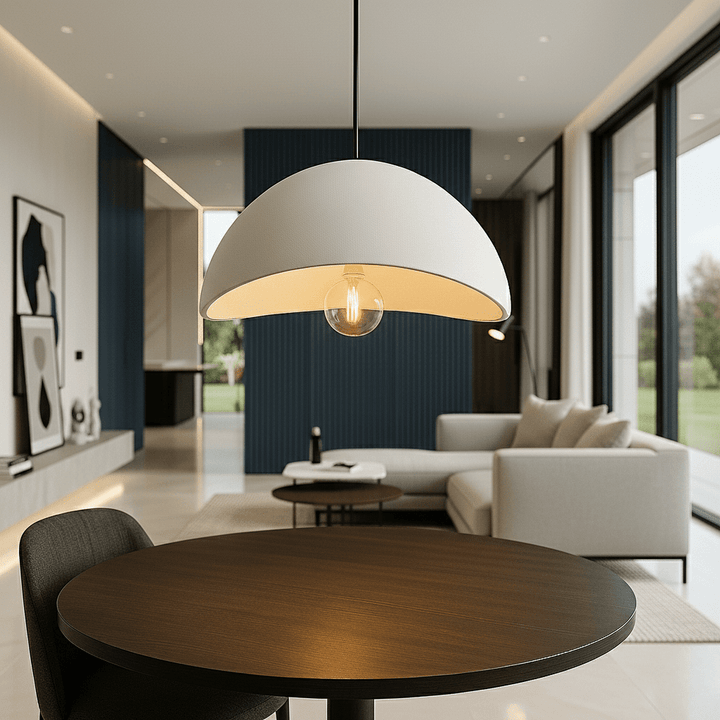Dome pendant light with warm gold-toned interior and visible bulb
