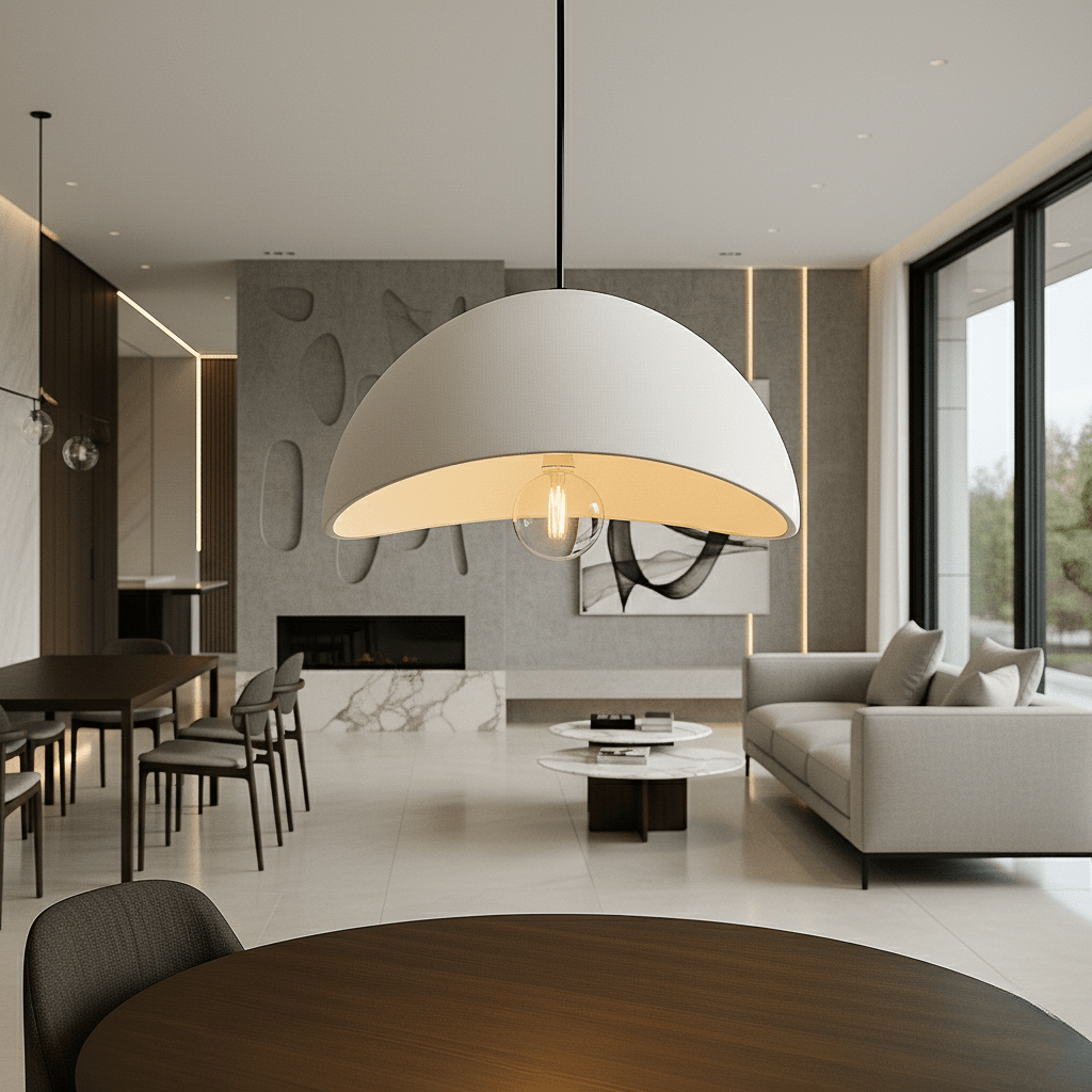 Dome pendant light with warm gold-toned interior and visible bulb