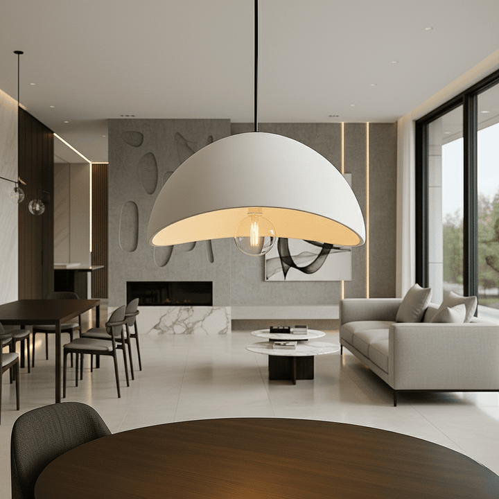 Dome pendant light with warm gold-toned interior and visible bulb