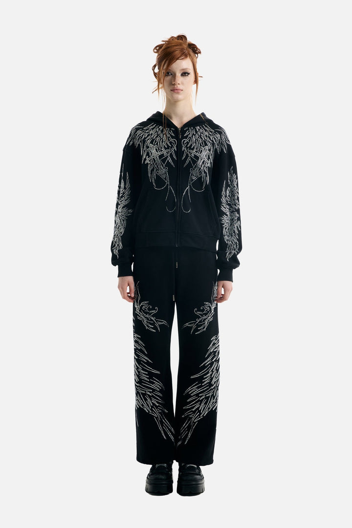 Women's black hoodie with rhinestone wing designs and zip front