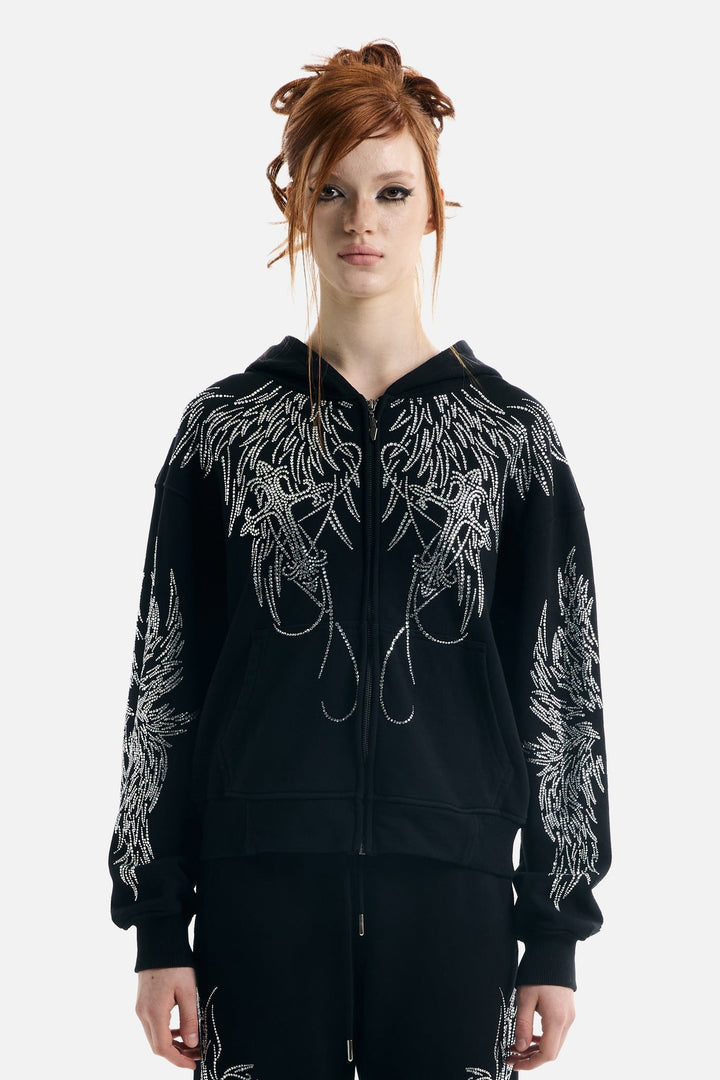 Women's black hoodie with rhinestone wing designs and zip front