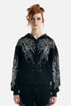 Women's black hoodie with rhinestone wing designs and zip front