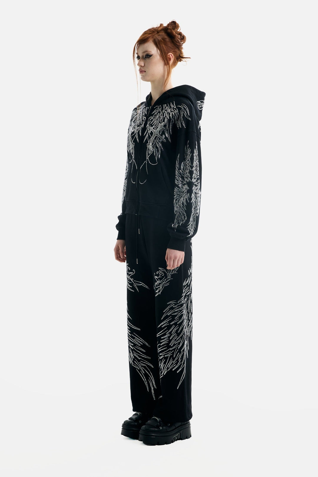 Women's black hoodie with rhinestone wing designs and zip front