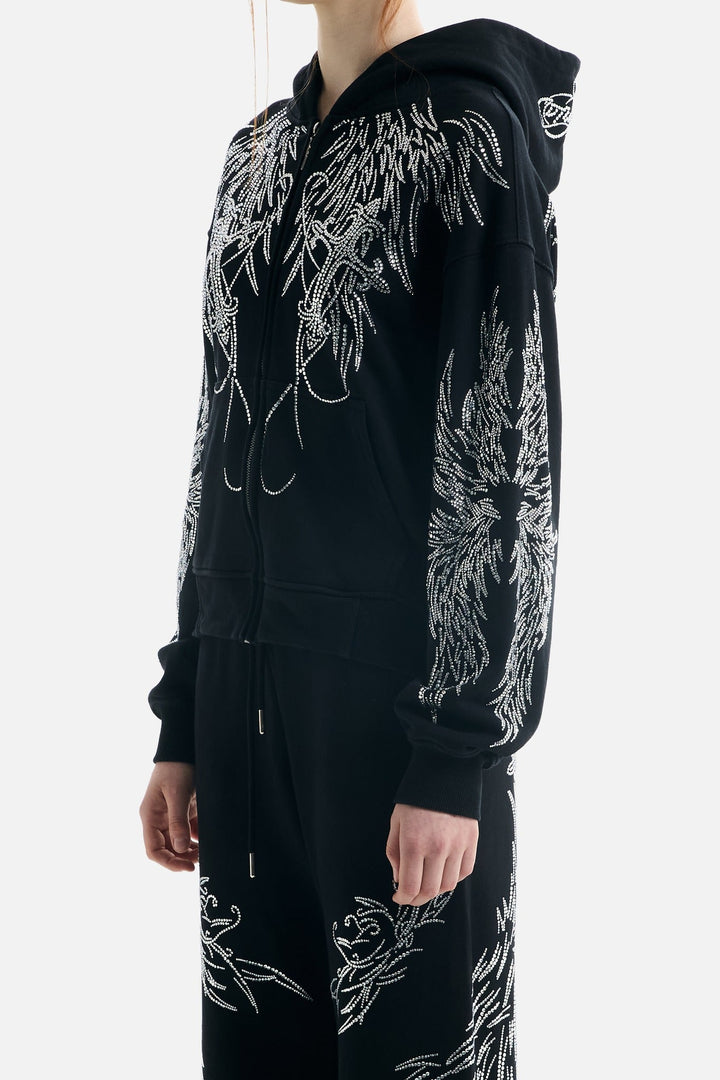 Women's black hoodie with rhinestone wing designs and zip front