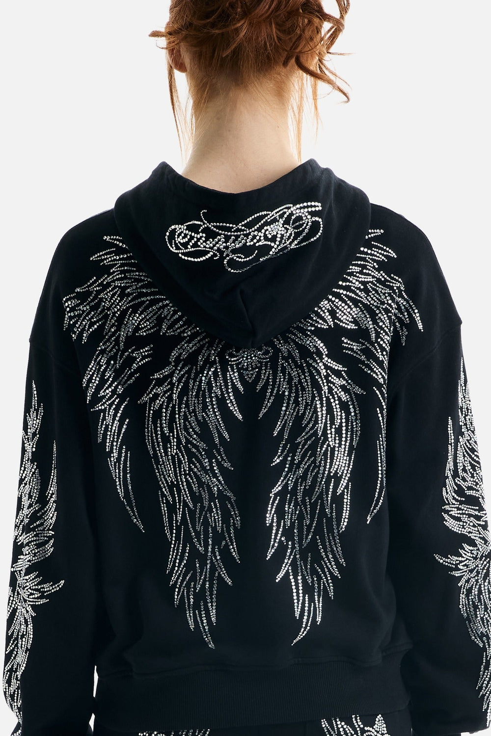 Women's black hoodie with rhinestone wing designs and zip front