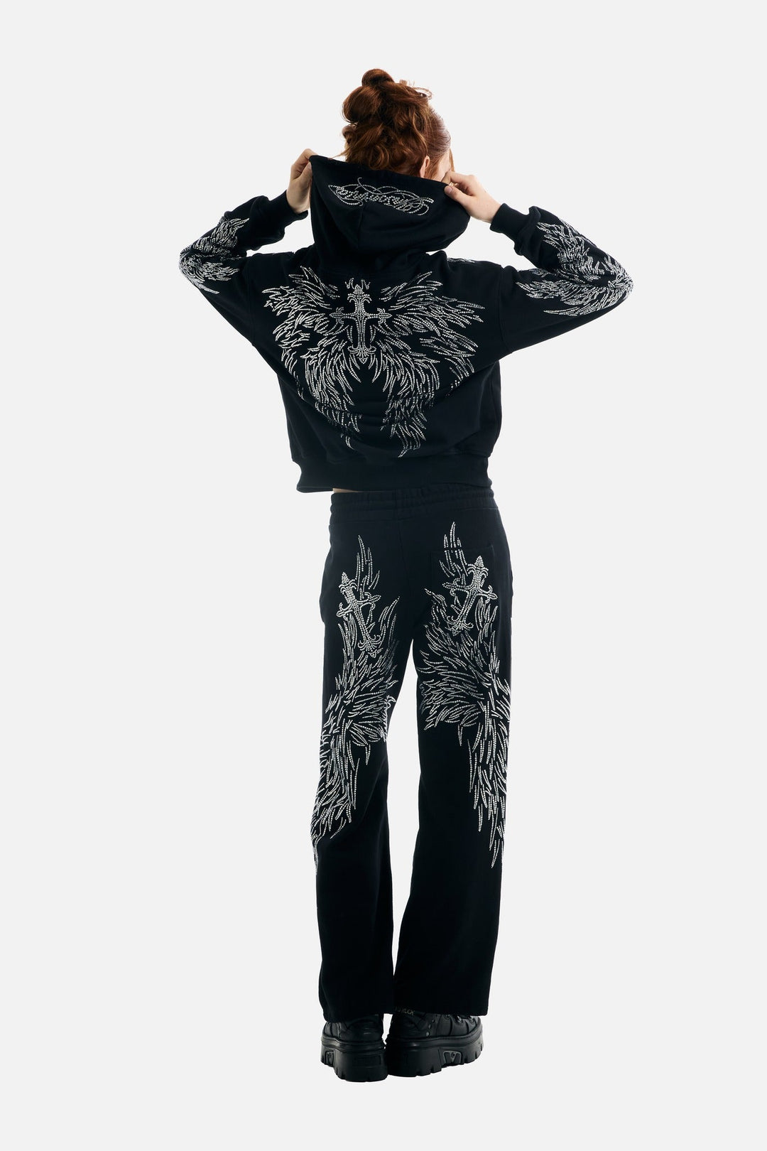 Women's black hoodie with rhinestone wing designs and zip front