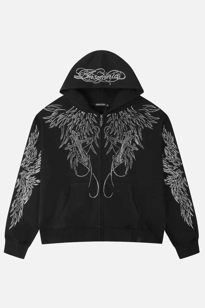 Women's black hoodie with rhinestone wing designs and zip front