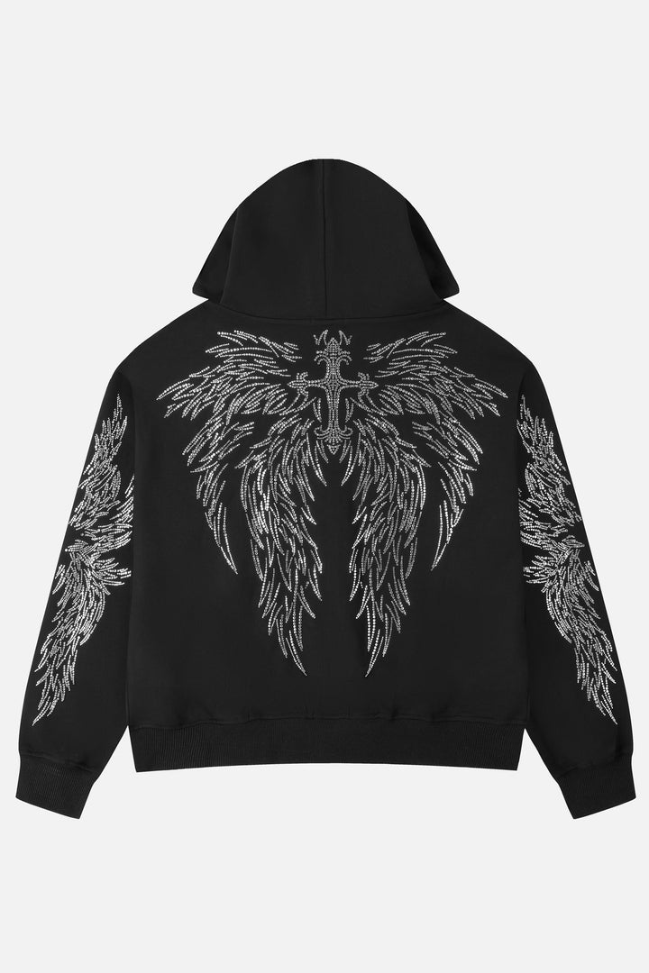 Women's black hoodie with rhinestone wing designs and zip front