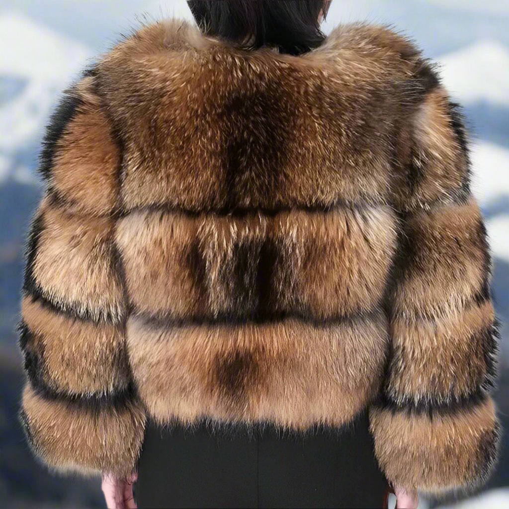 Women's brown faux fur cropped coat with wide cuffs