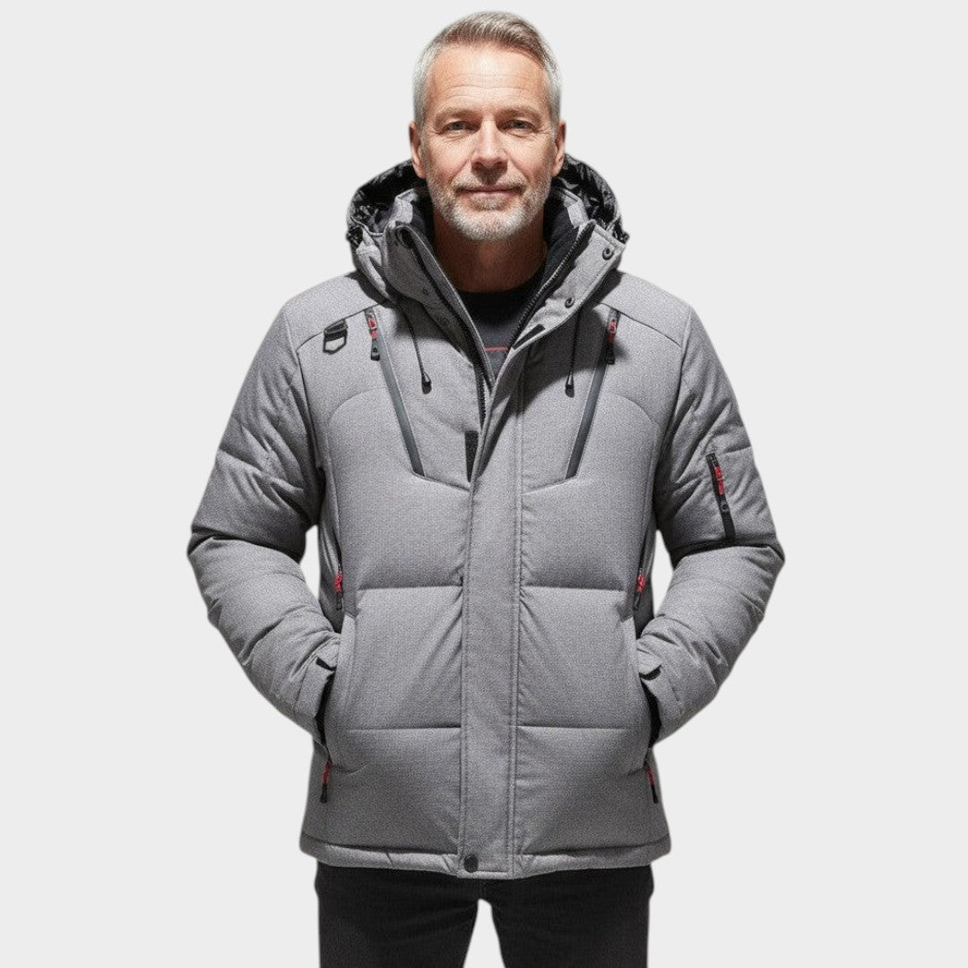 Men's hooded quilted winter jacket with zip front and multiple pockets