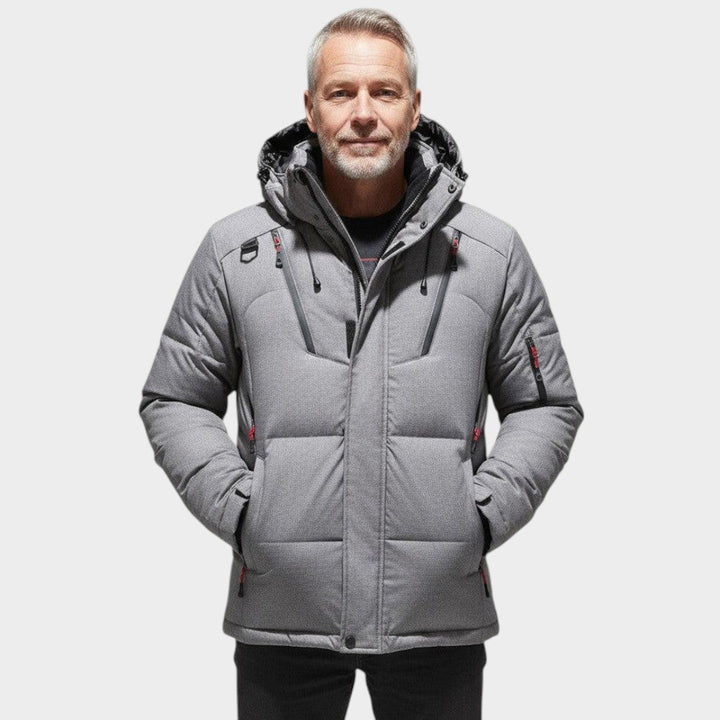 Men's hooded quilted winter jacket with zip front and multiple pockets