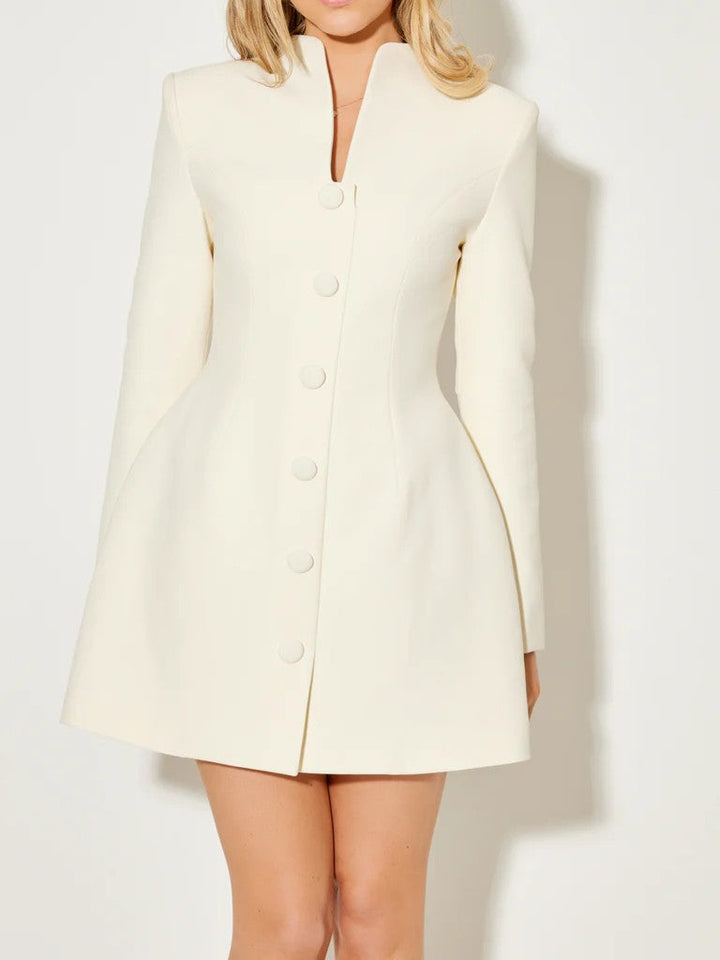 Women's white long-sleeve coat dress with mandarin collar and button front