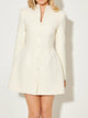 Women's white long-sleeve coat dress with mandarin collar and button front