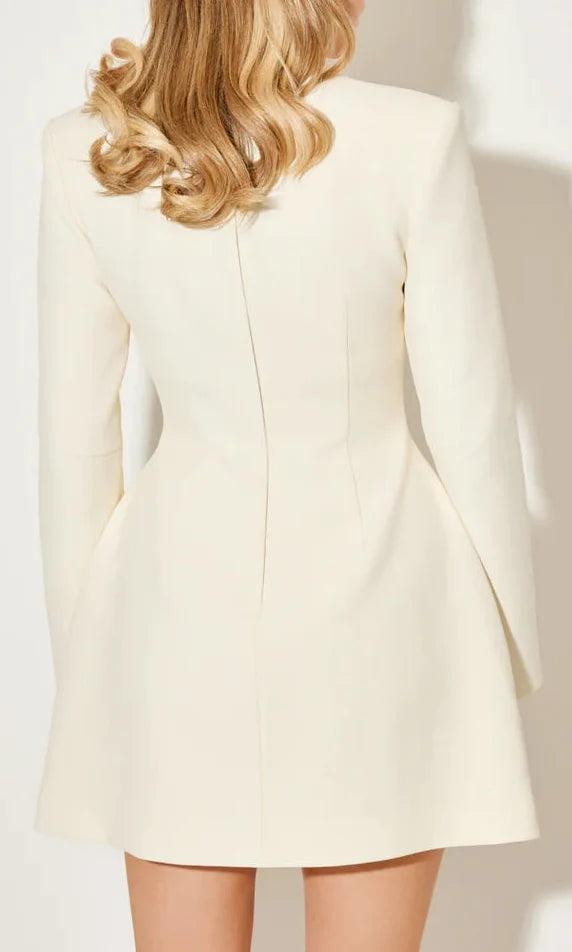 Women's white long-sleeve coat dress with mandarin collar and button front
