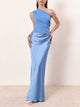 One-Shoulder Pleated Maxi Dress in Brown - View 3 | Bellmere