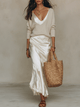 Women's V-neck knit sweater and ruched midi skirt set