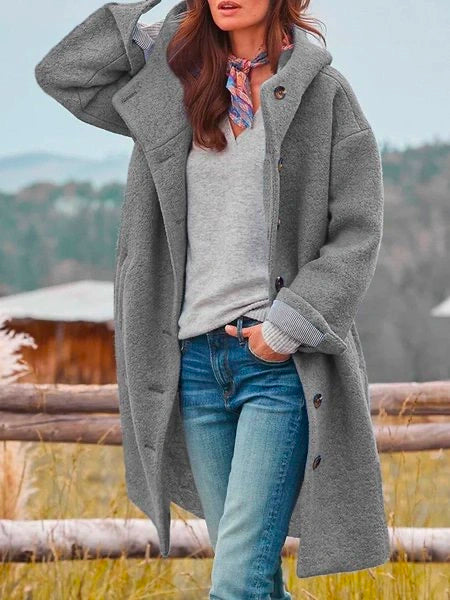 Women's longline hooded coat with button front, long sleeves and turned-back cuffs