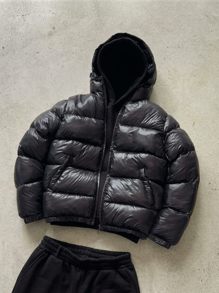 Men's hooded quilted puffer jacket shown in gray and black variants