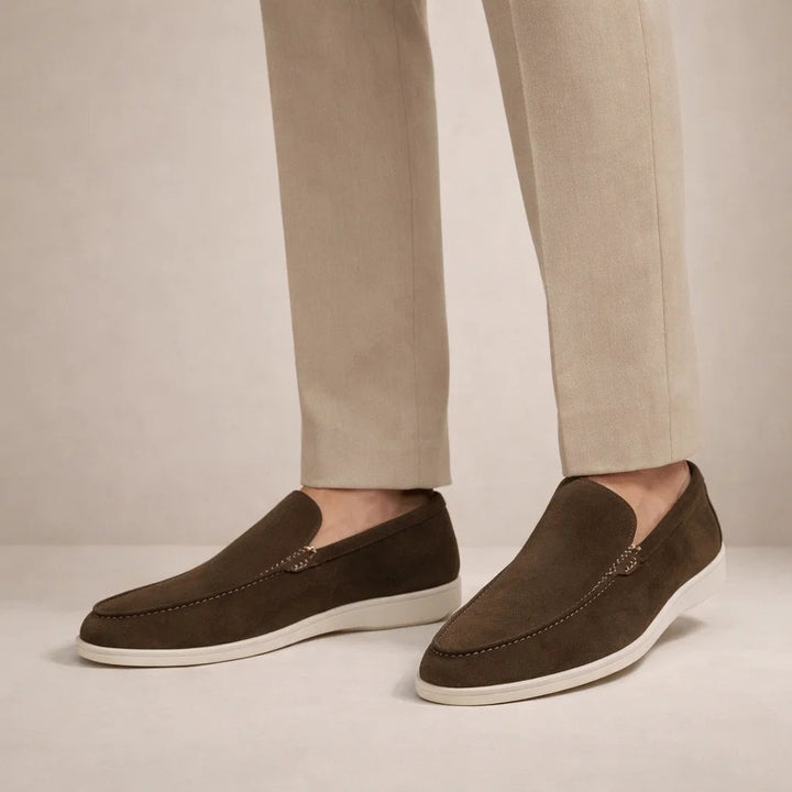 Men's casual slip-on loafers with moc toe stitching and flat white soles