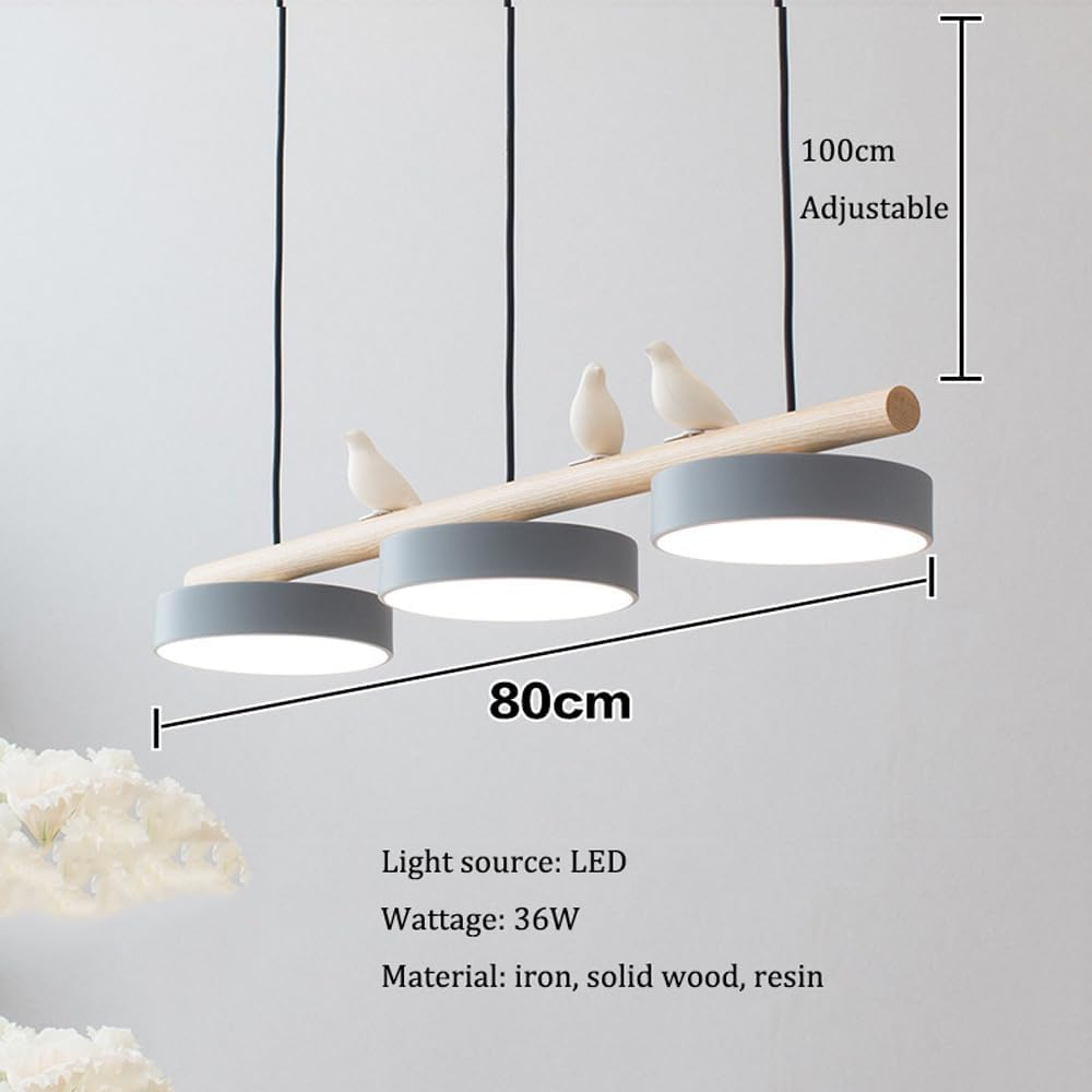 Three-lamp LED pendant light with wood-effect bar and bird details