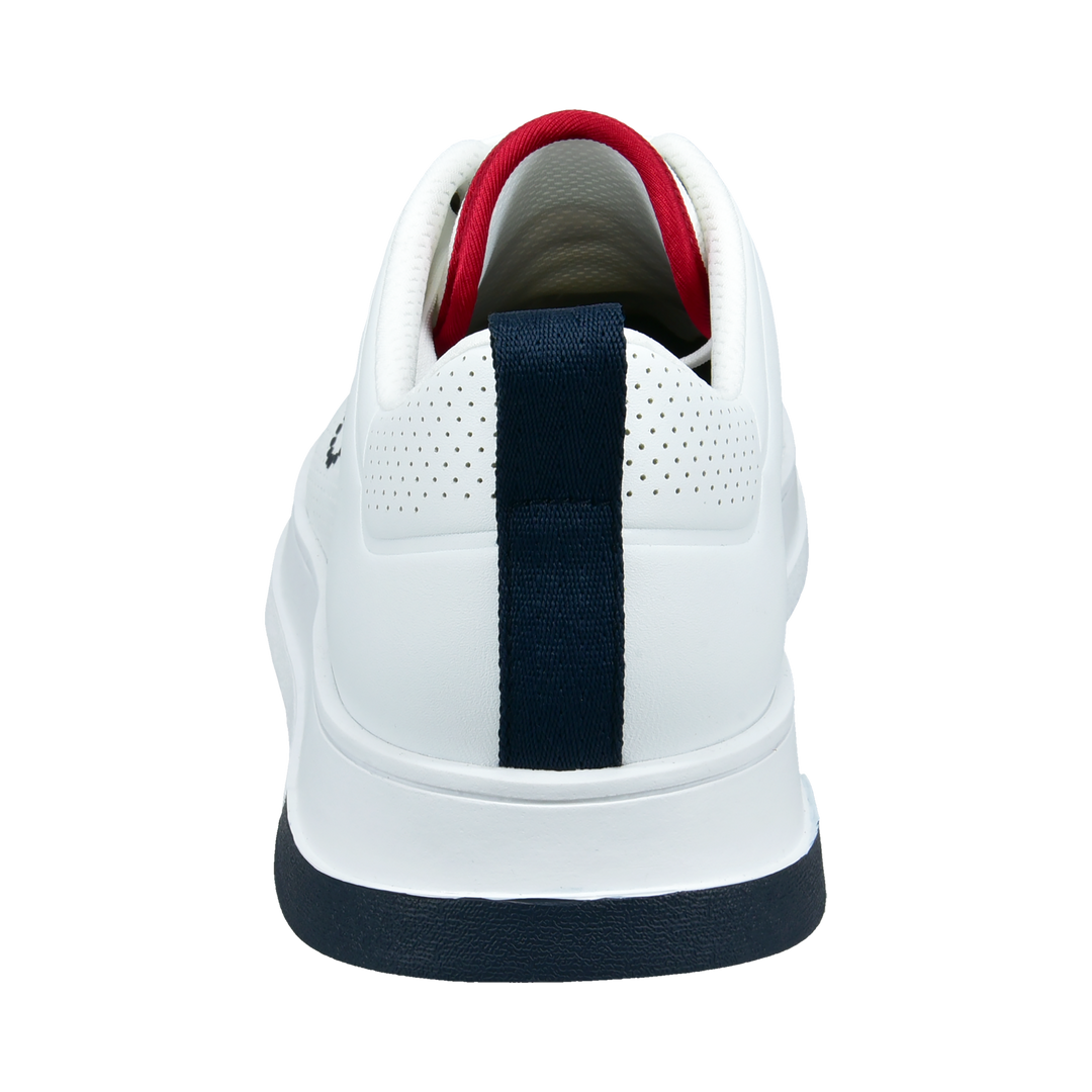 White low-top lace-up sneaker with perforated panels and dark logo