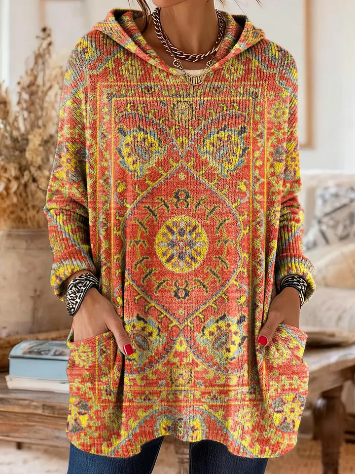 Women's multicolour ethnic print hooded knit tunic
