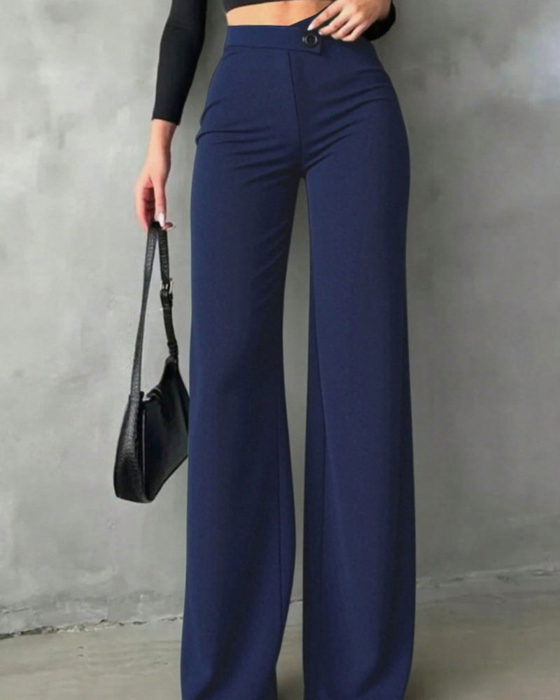 Women's high-waisted wide-leg suit pants with a button waist