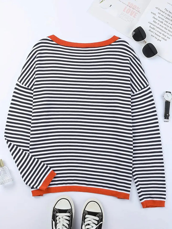 Women's striped turtleneck jumper with orange ribbed trim