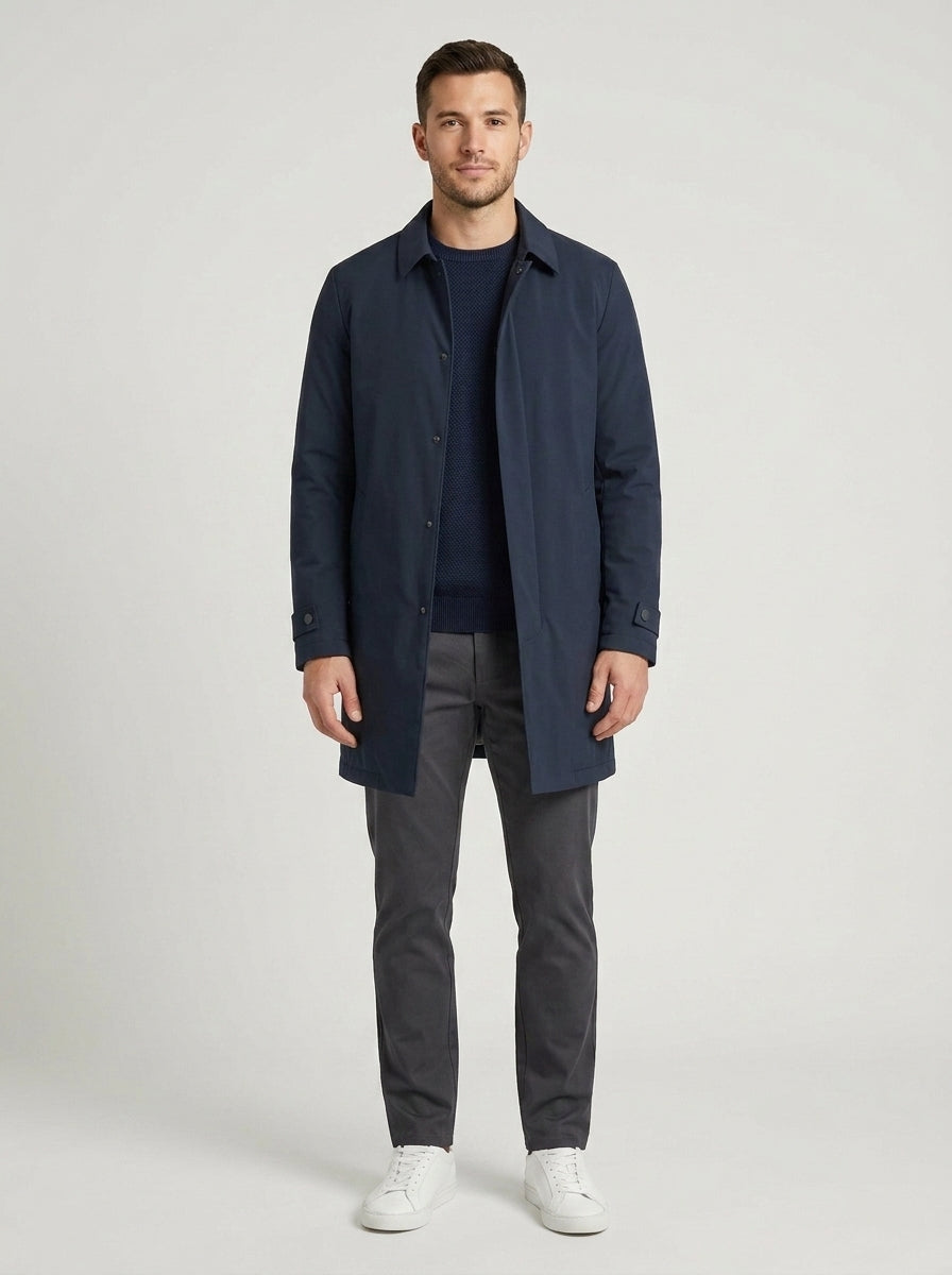 Men's structured padded long coat with shirt collar and snap front
