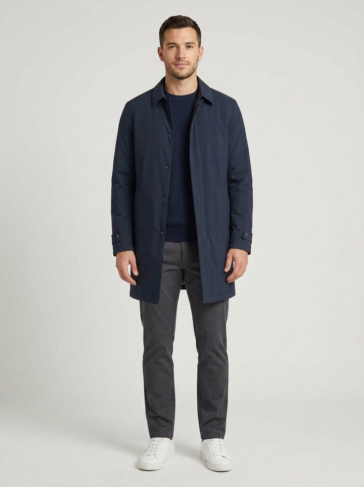 Men's structured padded long coat with shirt collar and snap front