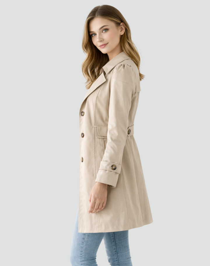 Women's long sleeve trench coat with notched lapel collar and button front