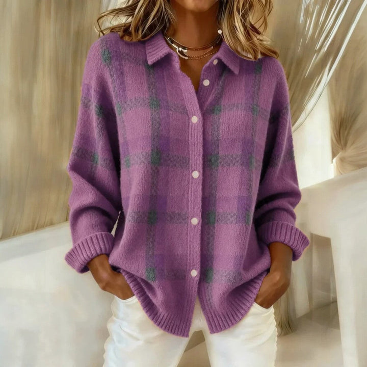 Women's checked collared button sweater with long sleeves and ribbed trims